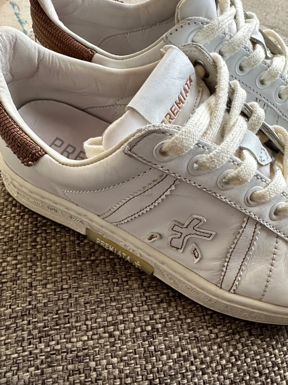 Premiata Men’s White Leather Sneakers with Brown Heel Trim 39